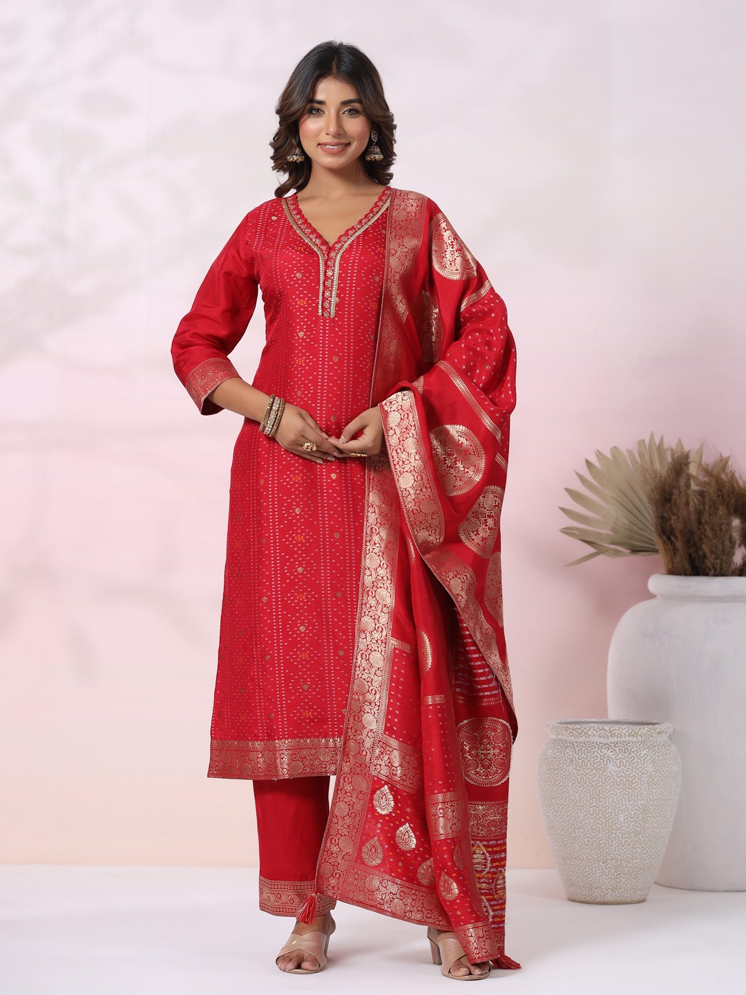 

Envy Me by FASHOR Bandhani Woven Design Regular Sequinned Kurta With Trouser With Dupatta, Red