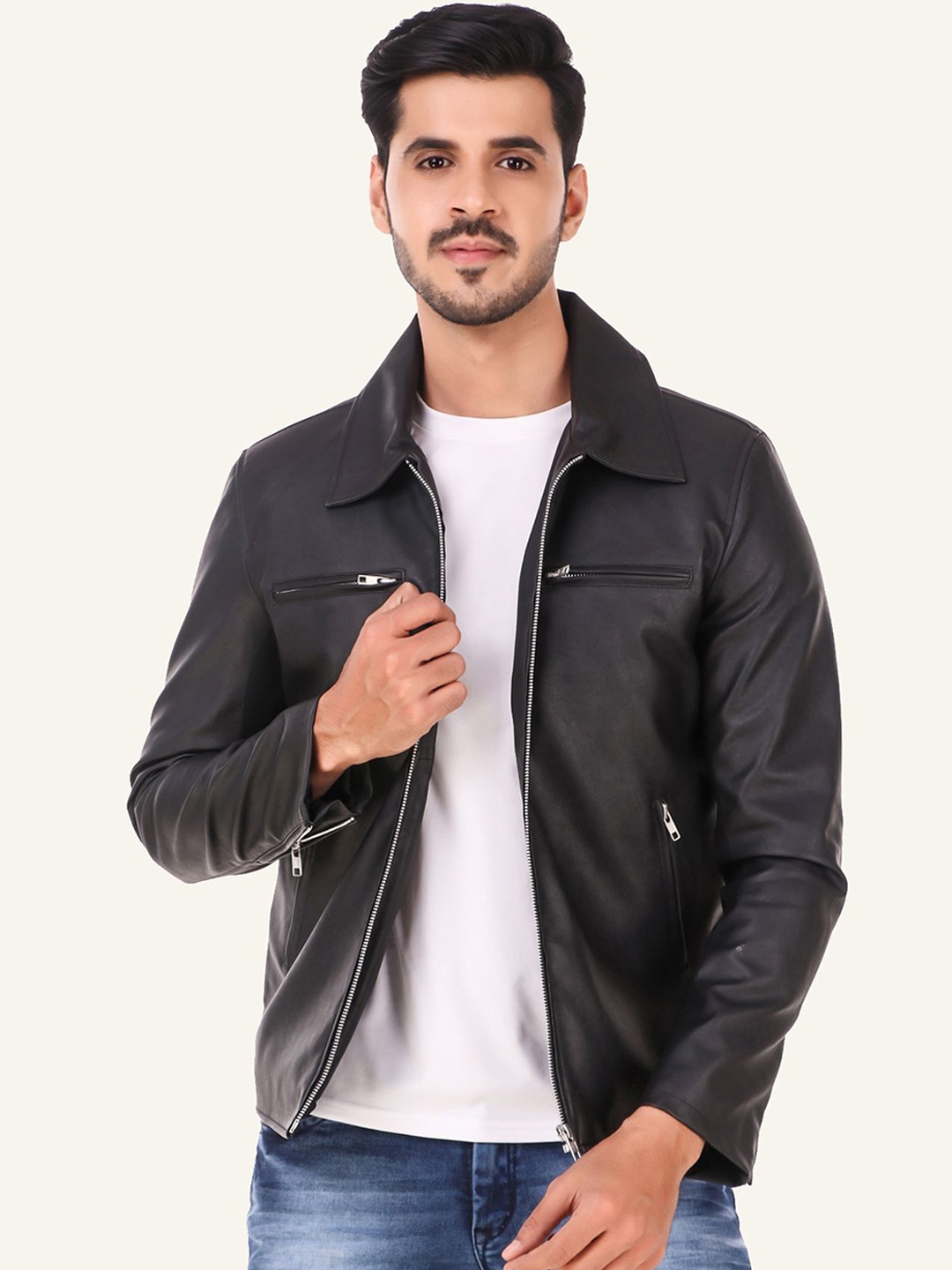 

Leather Retail Men Spread Collar Solid PU Casual Biker Jacket, Black