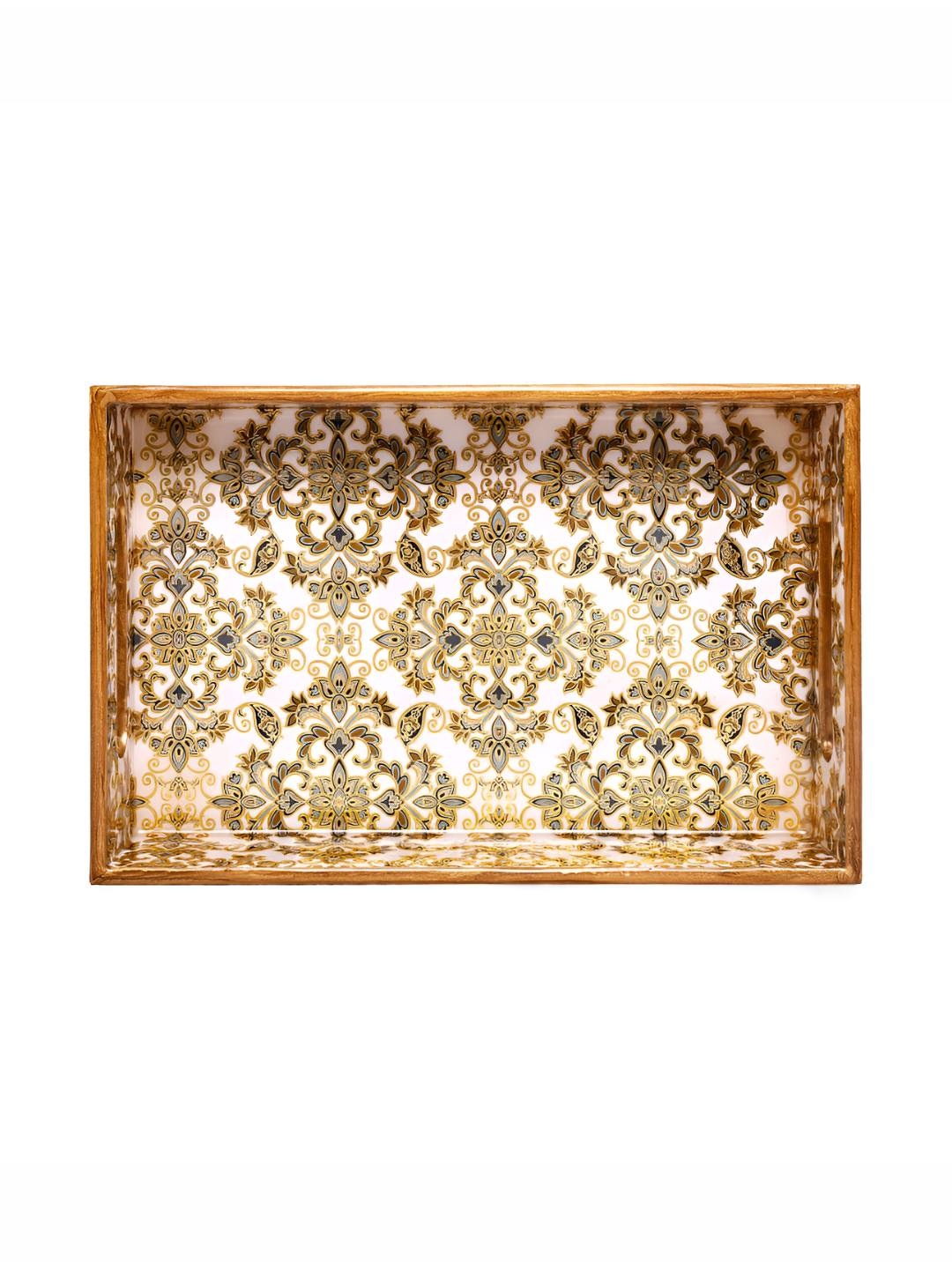 

THE HOME CO. White & Gold Toned Glass Printed Serving Tray