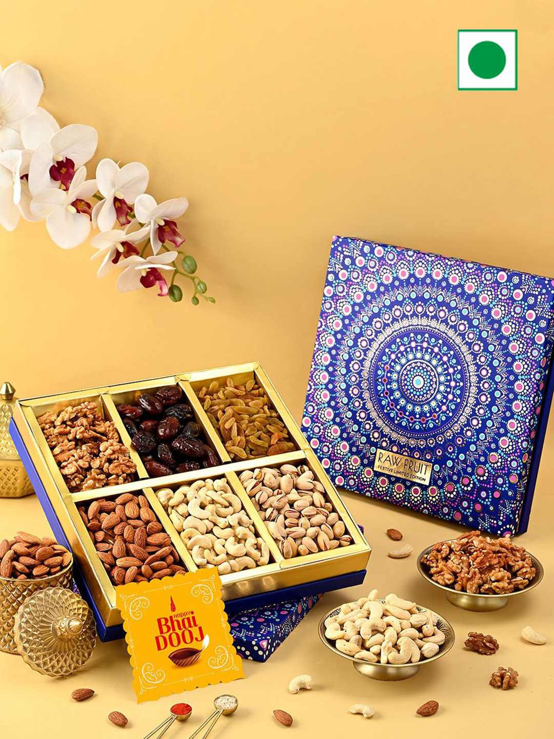

RawFruit Bhai Dooj Dry Fruit Gift Pack With Roli Chawal, Blue