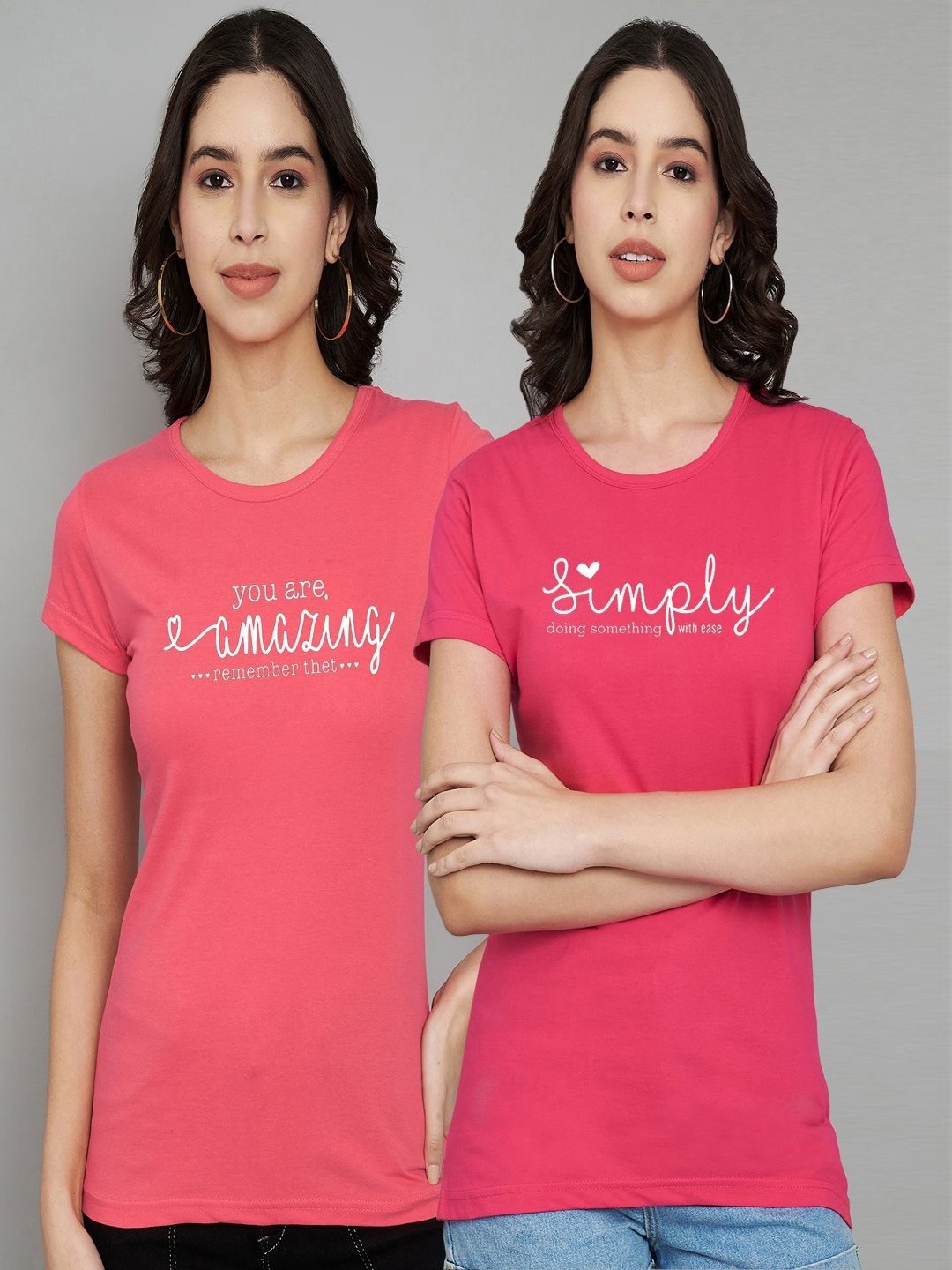 

Trend Level Women Pack Of 2 Typography Printed Round Neck Cotton T-shirts, Coral
