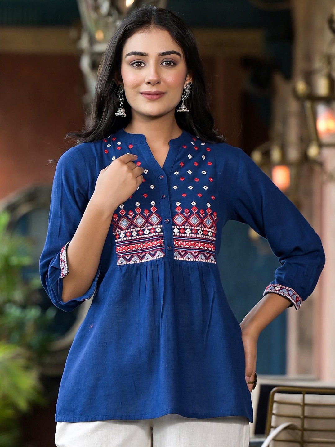 

Juniper Women Geometric Embroidered Cotton Tunic With Embellished Detail, Blue