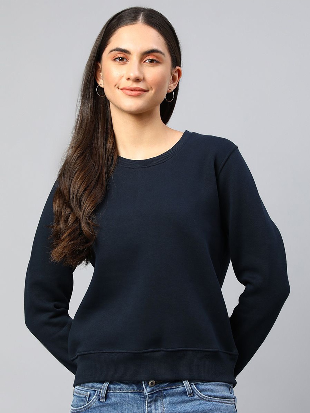

Xpose Women Solid Round Neck Wool Pullover Sweatshirt, Navy blue