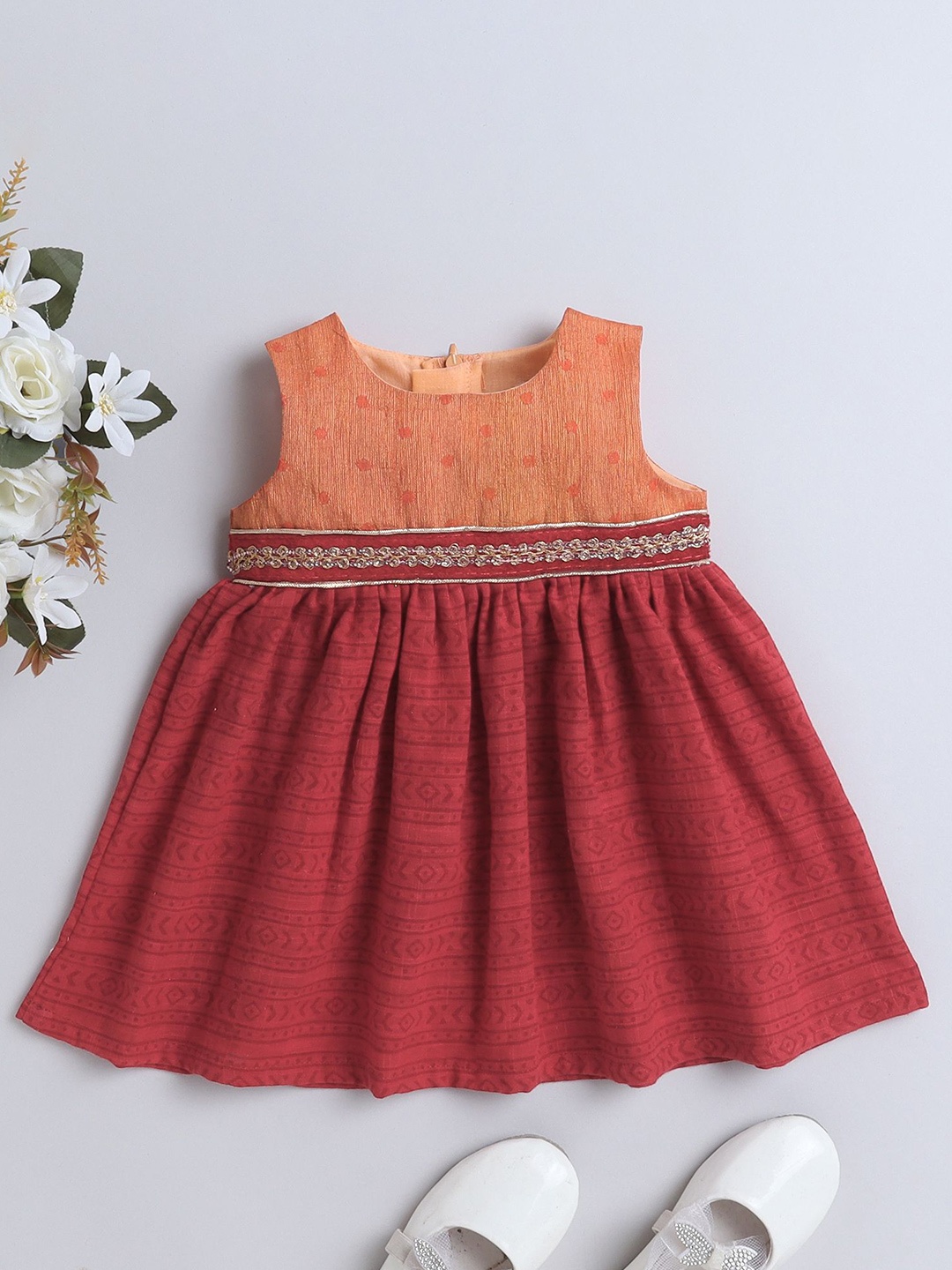 

MANY FROCKS & Girls Ethnic Motifs Printed Fit & Flare Dress, Maroon