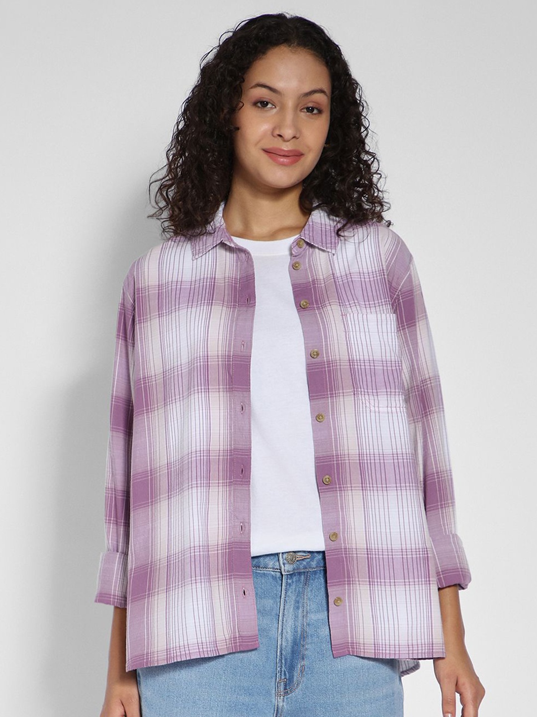 

AMERICAN EAGLE OUTFITTERS Women Tartan Checked Cotton Relaxed Fit Casual Shirt, Lavender