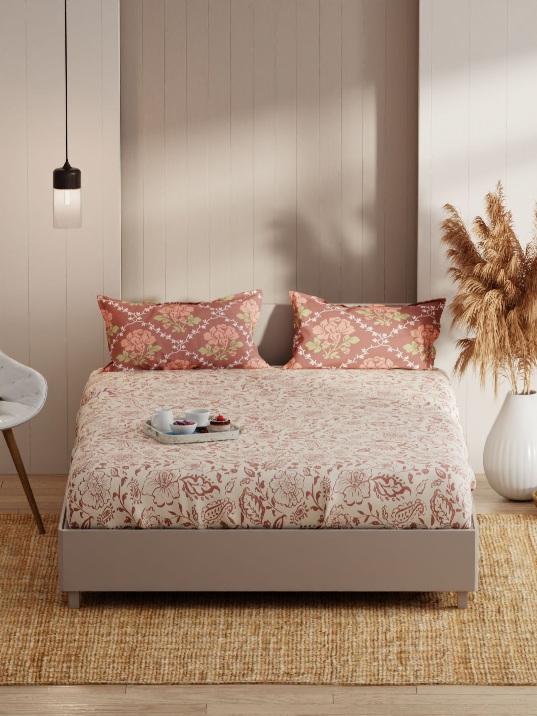 

KOPA Beige & White Floral Microfiber 152 TC Queen Bedsheet with 2 Pillow Covers 2.3 x 2.5m