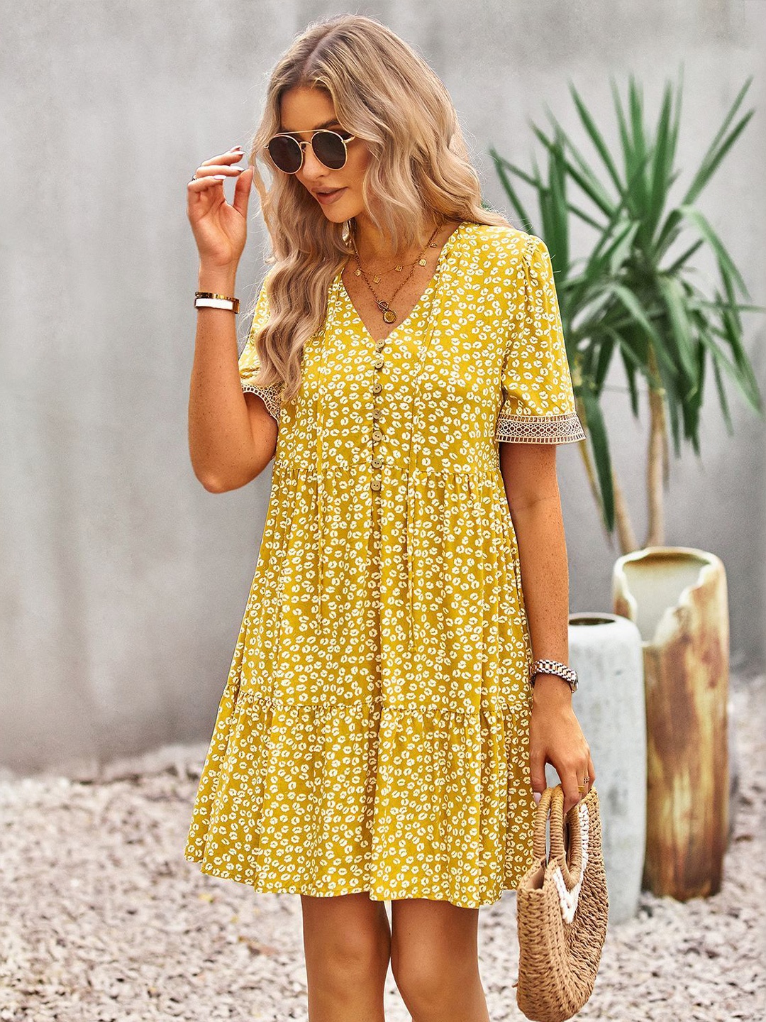 

StyleCast Women V-Neck Floral Print Fit and Flare Midi Dress, Mustard