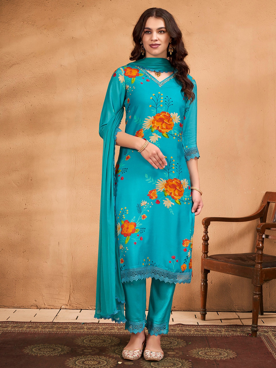 

Anouk Floral Printed Three-Quarter Sleeves Beads Work Kurta With Trouser With Dupatta, Turquoise blue