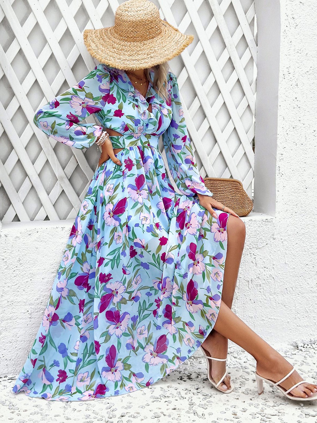 

StyleCast Floral Print Puff Sleeve Chiffon A-Line Maxi Dress, Blue