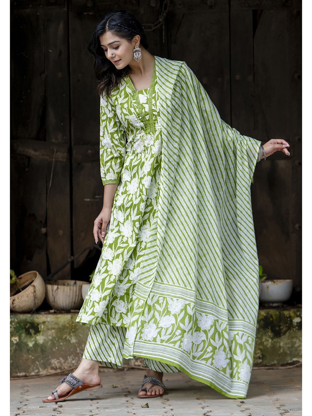 

PARTHVI Floral Printed Thread Work Pure Cotton Anarkali Kurta With Trousers & Dupatta, Green