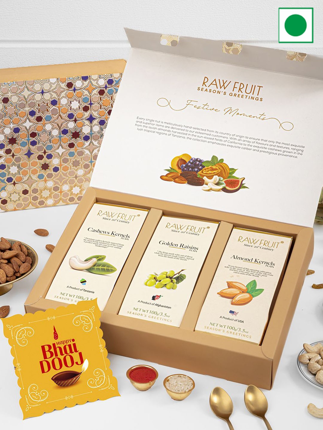 

RawFruit Bhai Dooj Dry Fruit Gift Pack with Roli Chawal, Beige