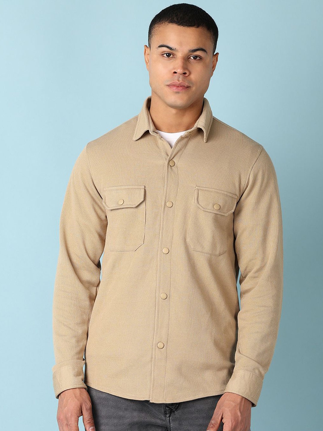 

V-Mart Men Spread Collar Solid Casual Shirt, Beige