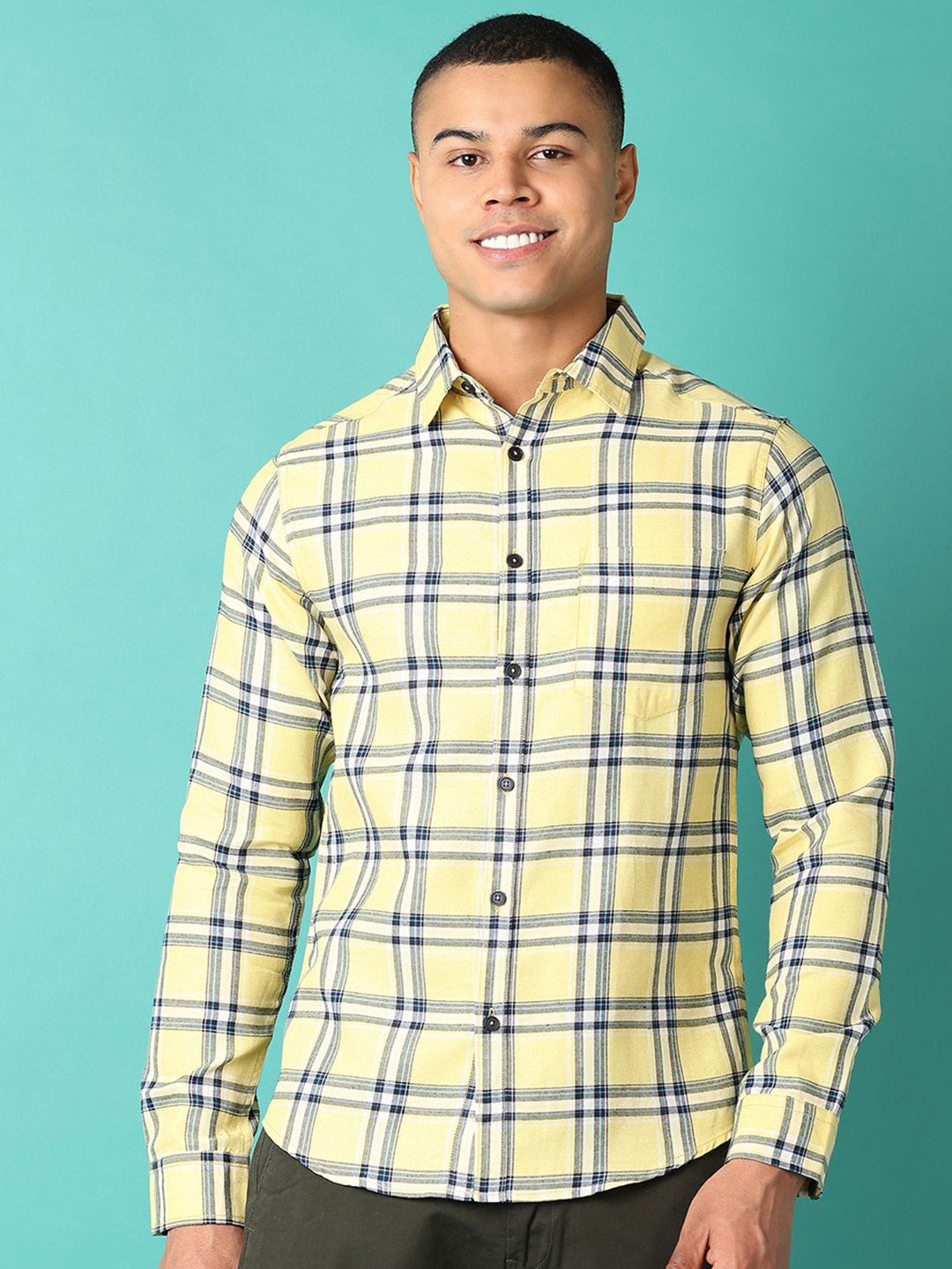

V-Mart Men Spread Collar Tartan Checked Casual Shirt, Yellow