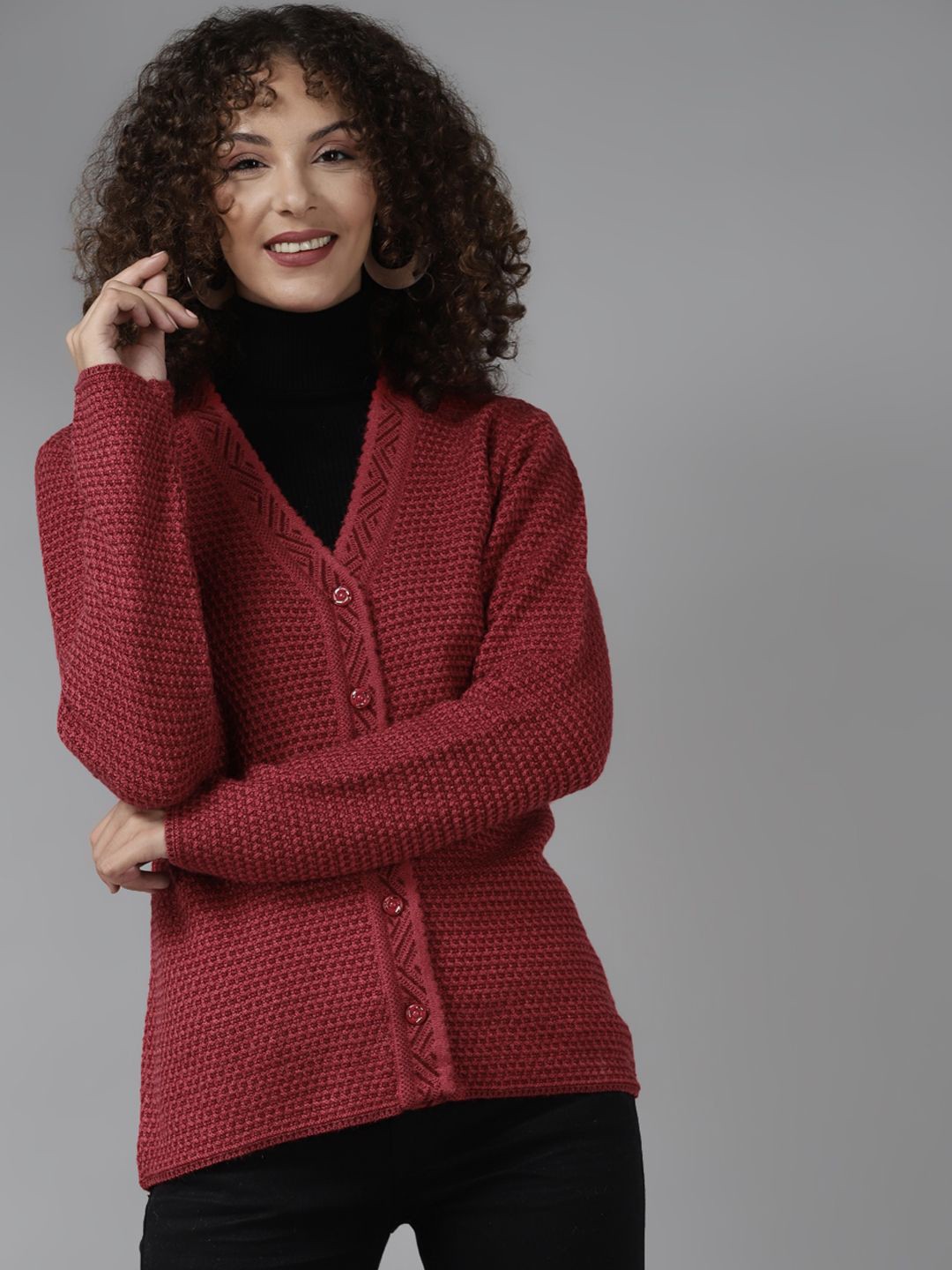 

Cayman Women Cable Knit V-Neck Wool Cardigan Sweater, Maroon
