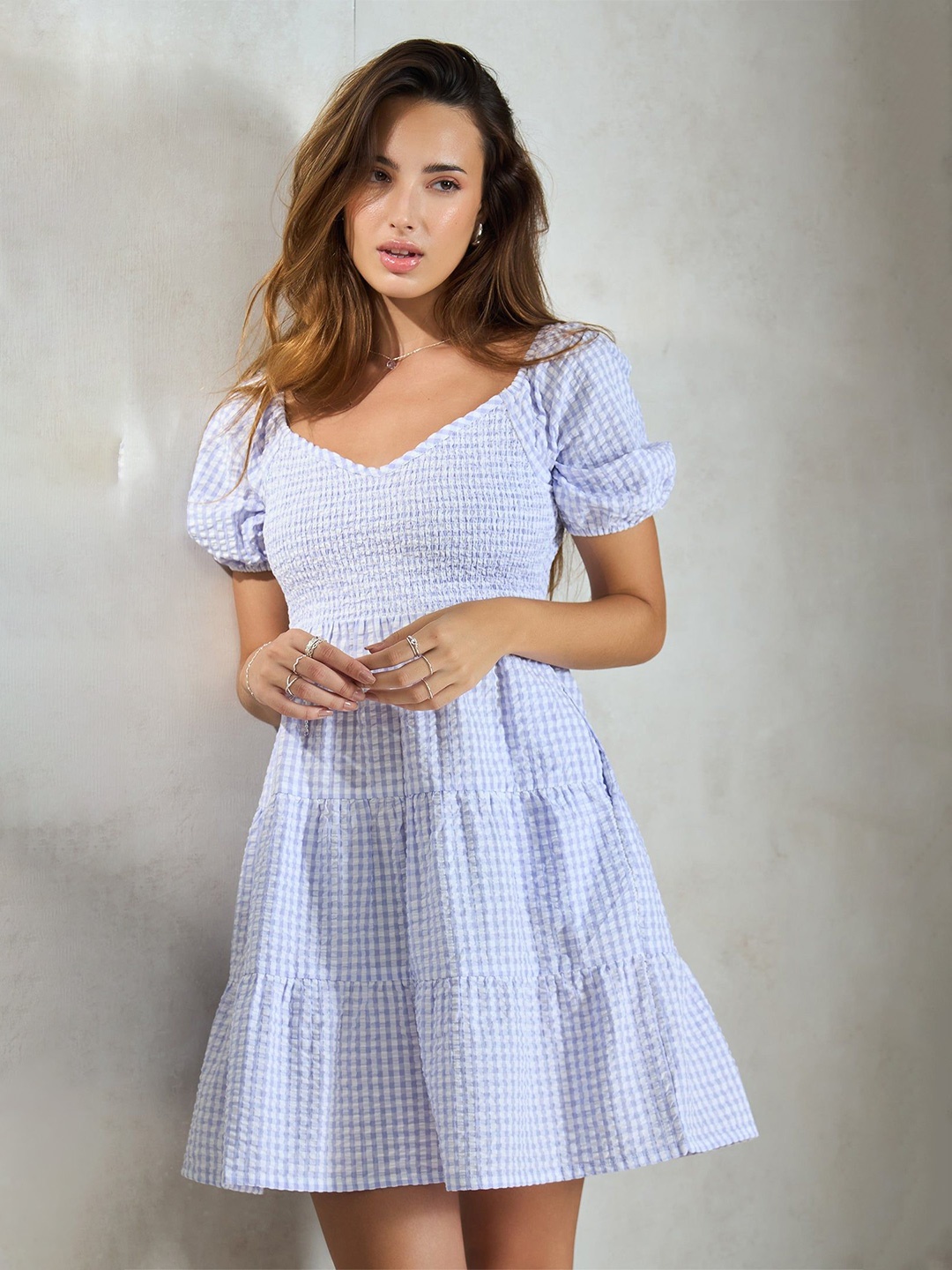 

Virgio Checked Puff Sleeve Cotton Tier A-Line Dress, Lavender