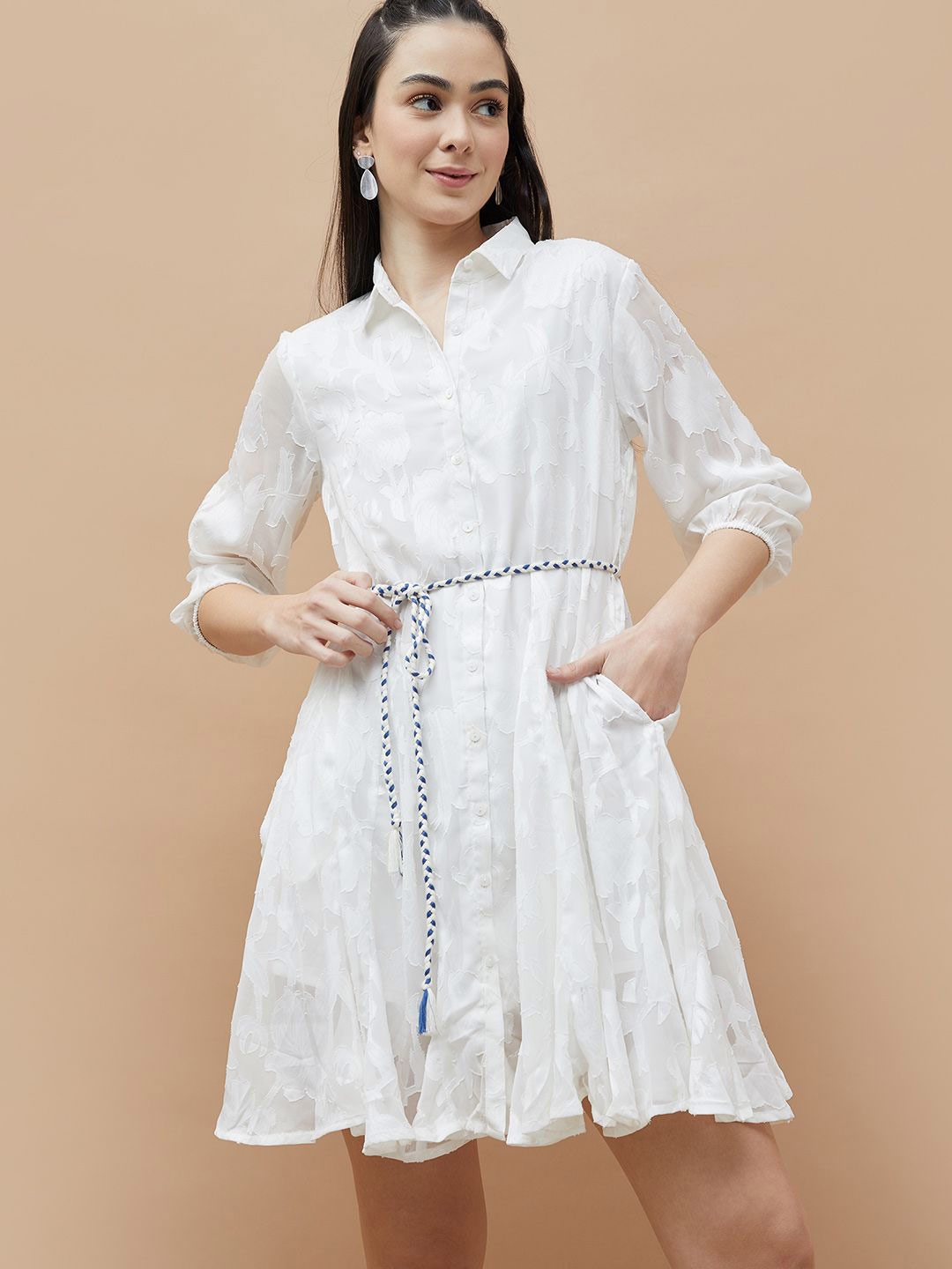 

Colour Me by Melange Bishop Sleeved Shirt Dress, White