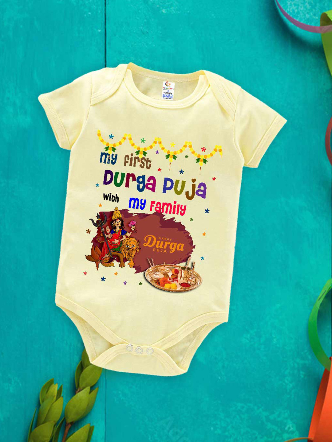 

Babywish Unisex Navaratri Special Printed Cotton Bodysuit, Yellow