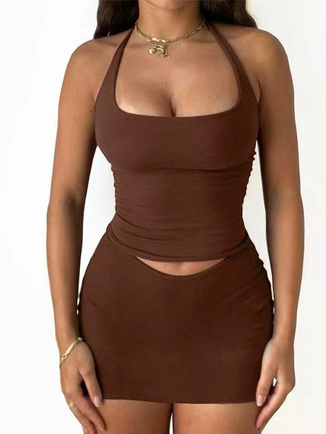 

LULU & SKY Women Halter Neck Top With Skirt Co-Ords, Brown