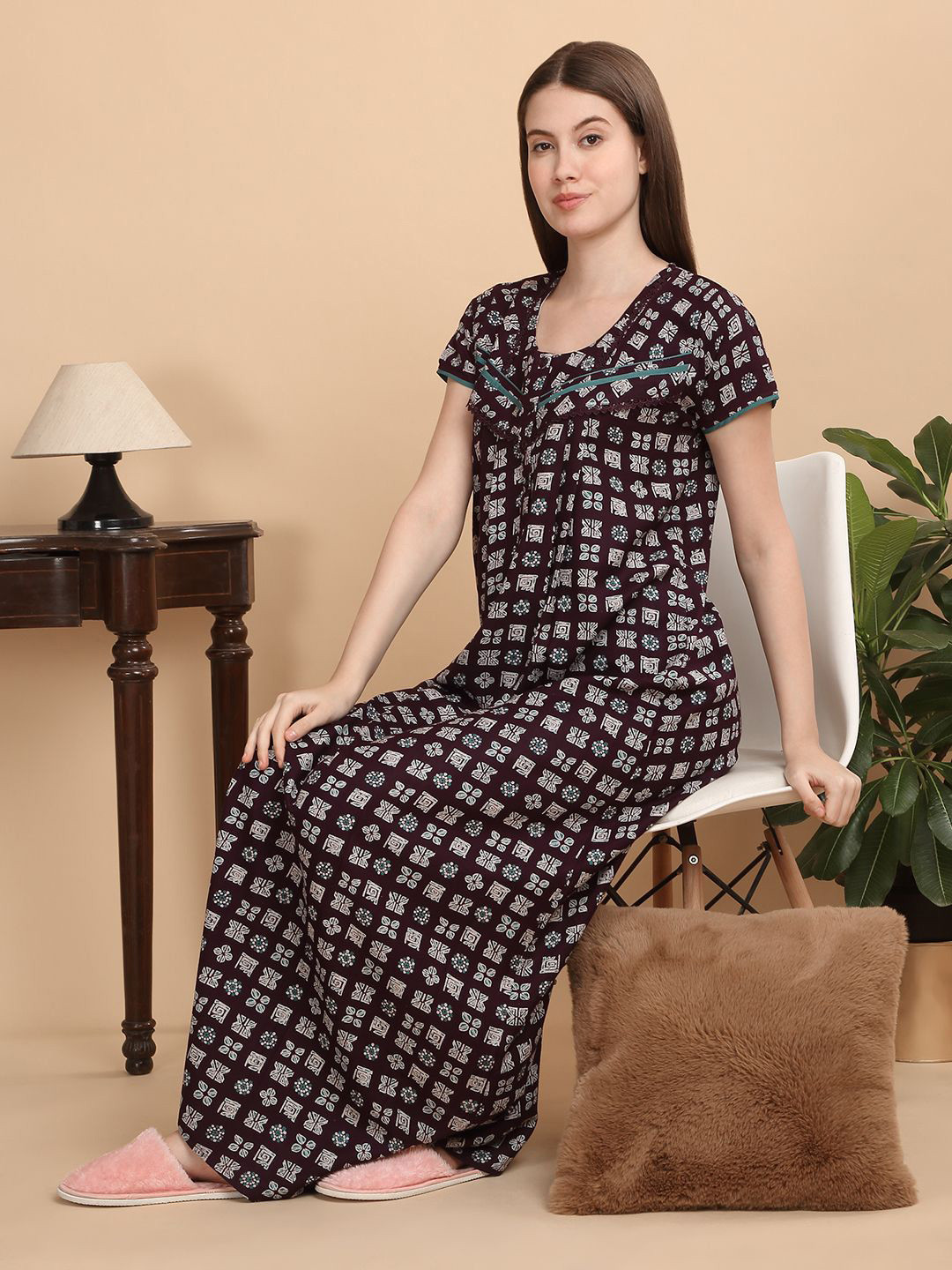 

Sweet Dreams Women Printed Pure Cotton Nightdress, Brown