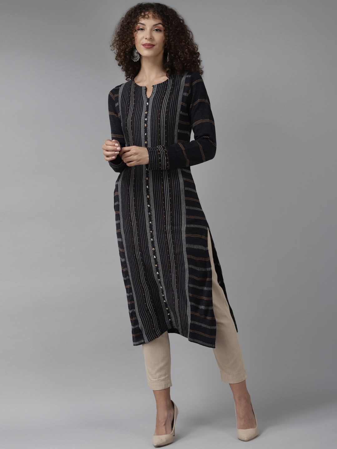

Cayman Striped Woven Design Notch Neck Woollen Kurta, Navy blue
