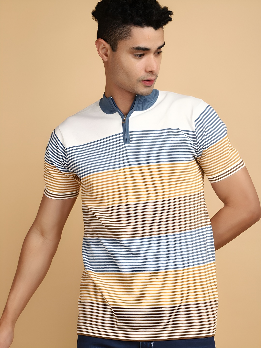 

V-Mart Men Striped High Neck Cotton T-shirt, Yellow