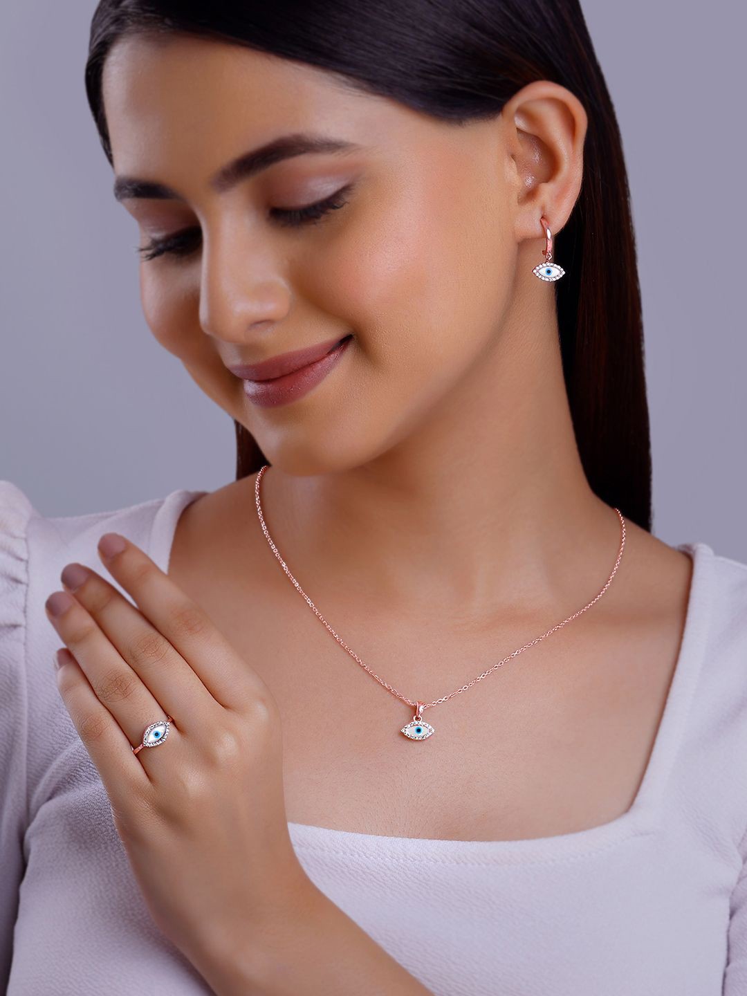 

GIVA 925 Sterling Silver Stone-Studded Evil Eye Jewellery Set, Rose gold