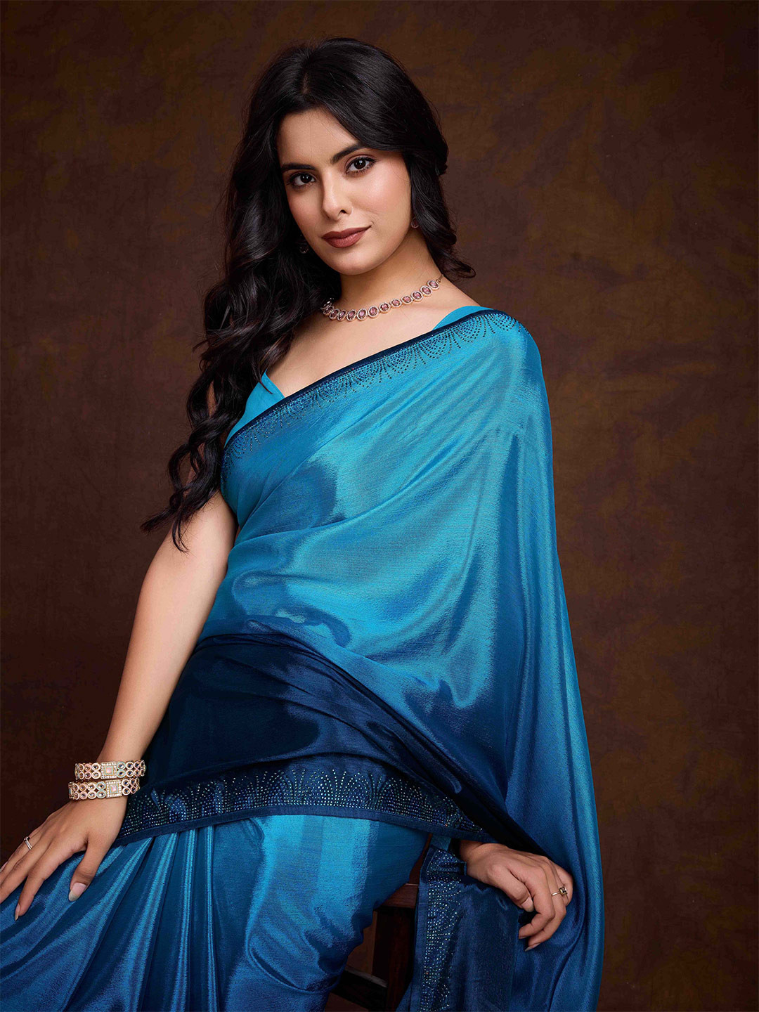 

Mitera Ombre Embellished Beads And Stone Saree, Blue