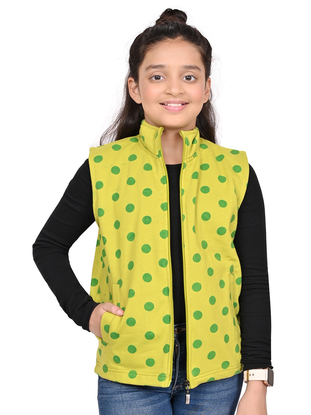 

BAESD Girls Mock Collar Polka Dots Printed Fleece Casual Open Front Jacket, Yellow