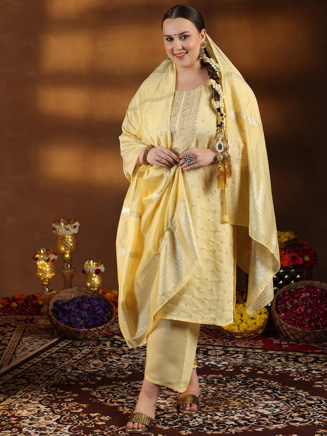 

EXTRA LOVE BY LIBAS Plus Size Floral Embroidered Sequinned Kurta With Trousers & Dupatta, Yellow