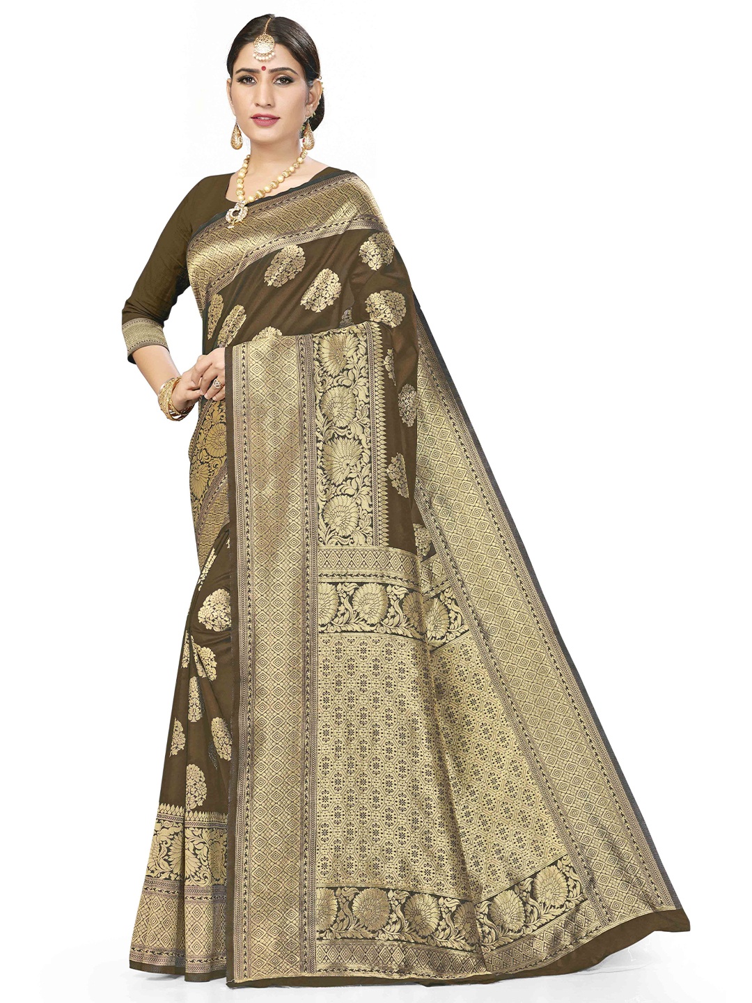 

Maroosh Floral Zari Banarasi Saree, Brown