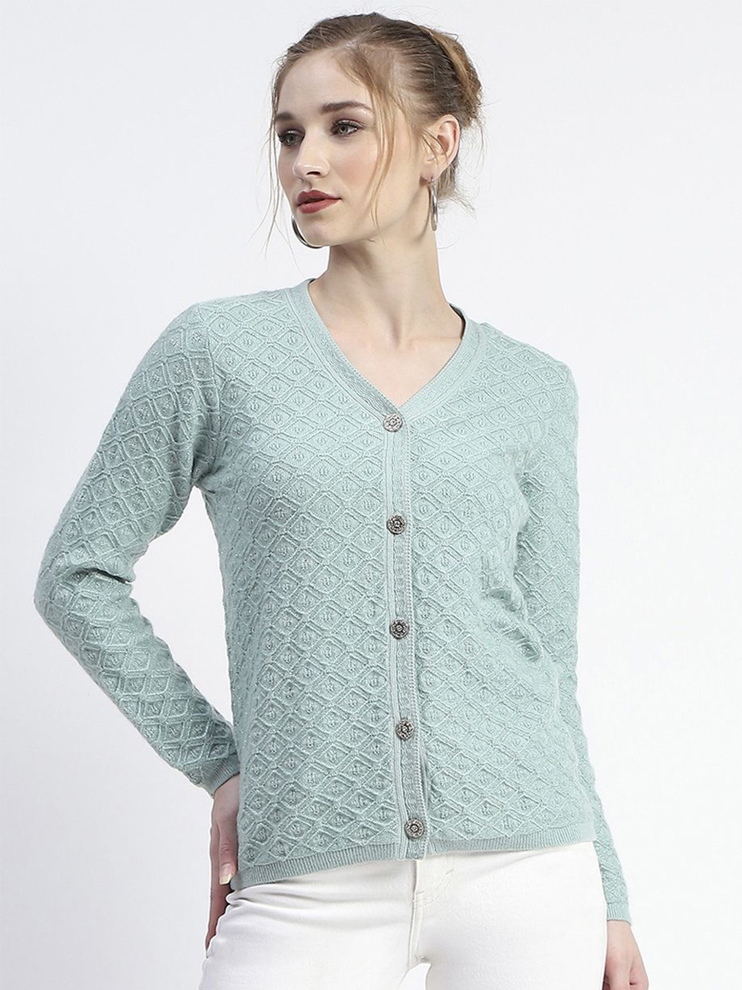 

Madame Women Self Design Cable Knit Ribbed Cardigan Sweater, Green