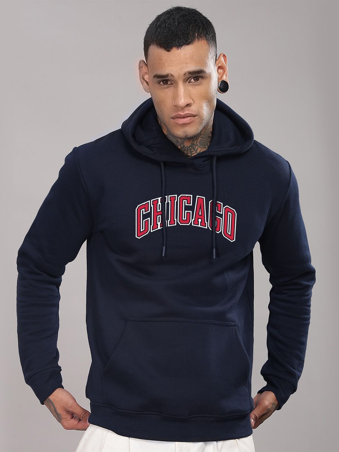 

ADRO Men Typography Printed Hood Cotton Pullover Sweatshirt, Navy blue