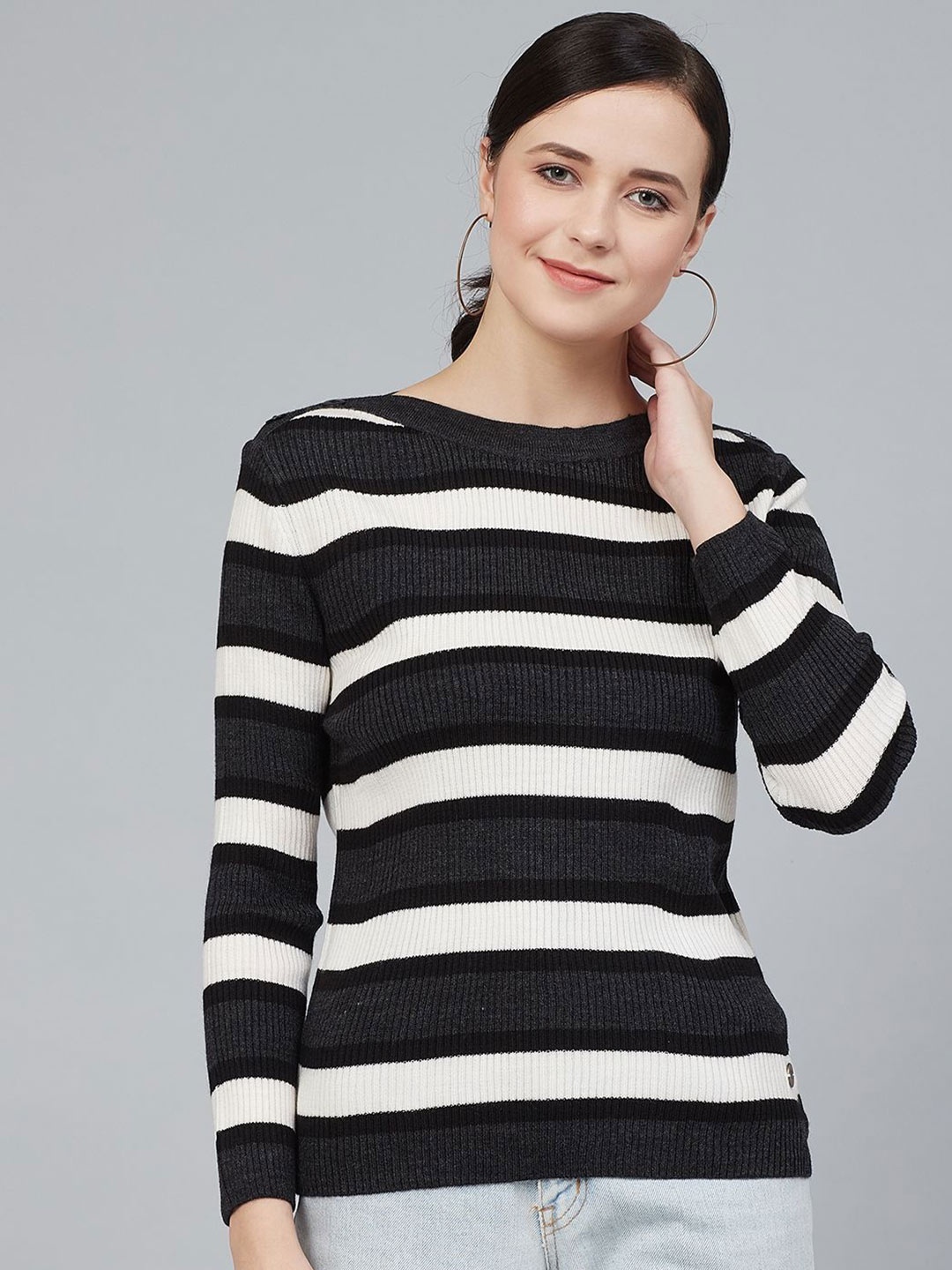 

Cayman Women Striped Round Neck Pullover Ribbed Sweater, Black