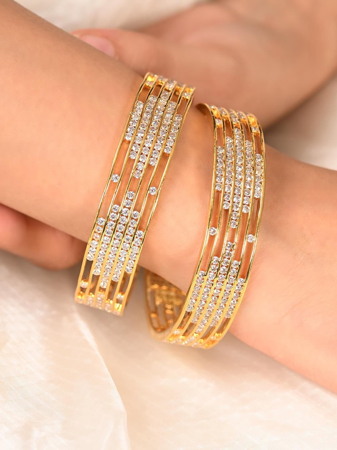 

RATNAVALI JEWELS Set Of 2 Gold-Plated CZ & AD Studded Bangles