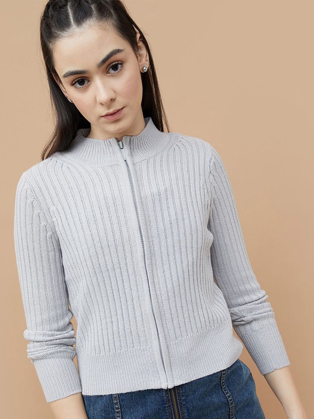 

Ginger by Lifestyle Women Self Design Mock Collar Acrylic Front-Open Sweatshirt, Grey