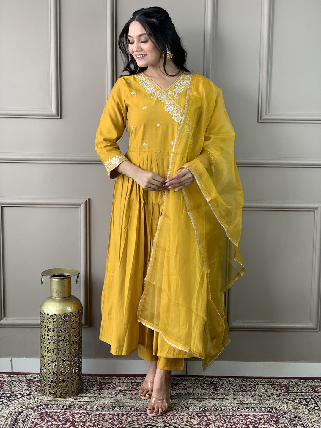 

CaniBani Embroidered Regular Chanderi Silk A-Line Kurta with Trousers & Dupatta, Mustard