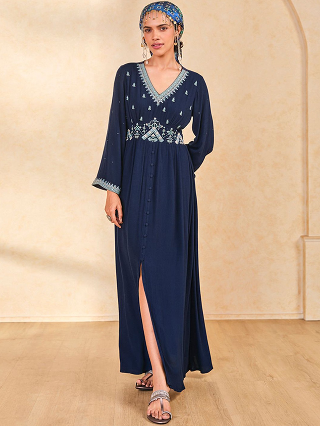 

Global Desi Women Embroidered Gown Shape Ethnic Dress, Blue