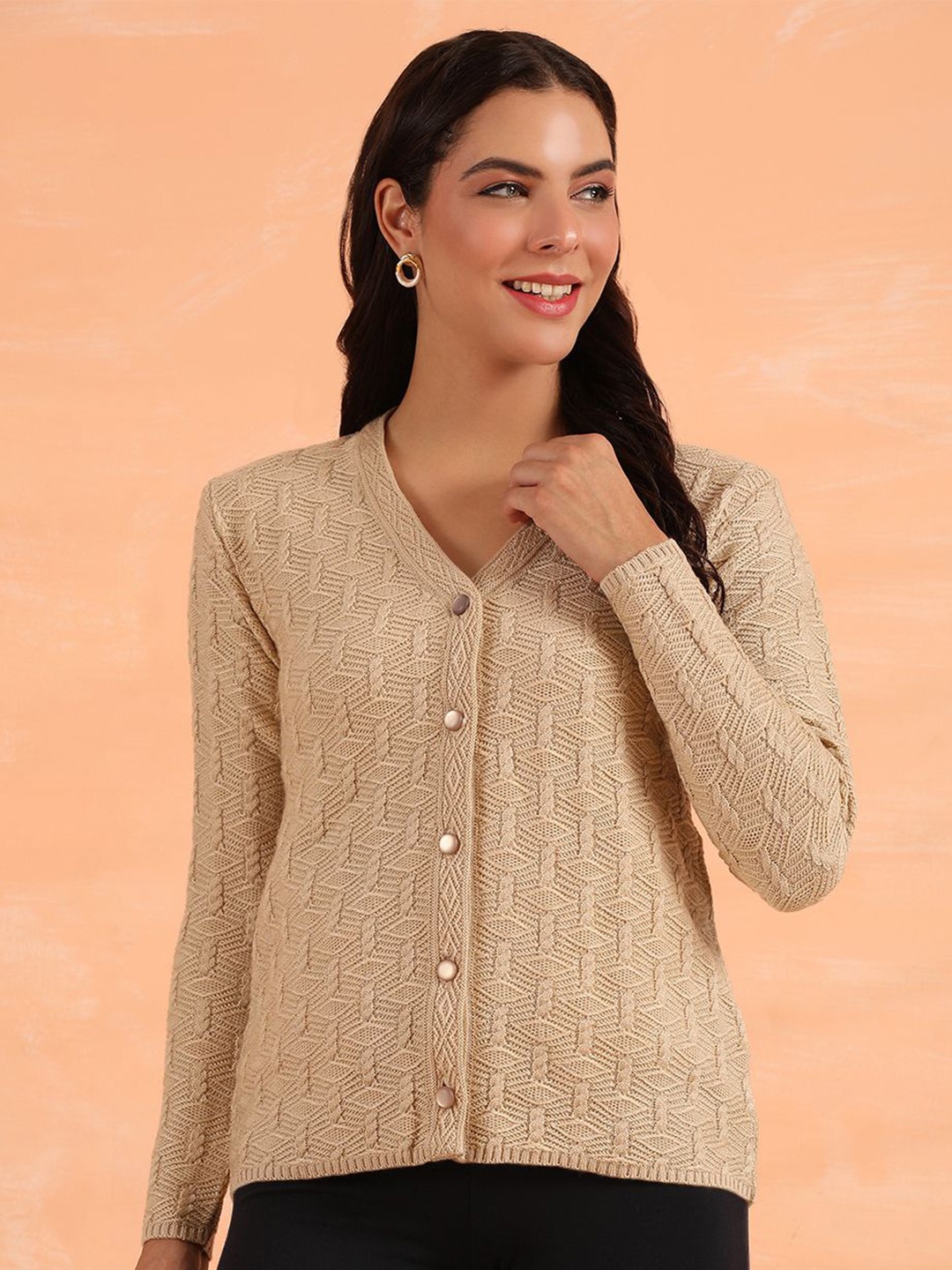 

Cayman Women Self Design Cable Knit V-Neck Woollen Cardigan Sweater, Beige