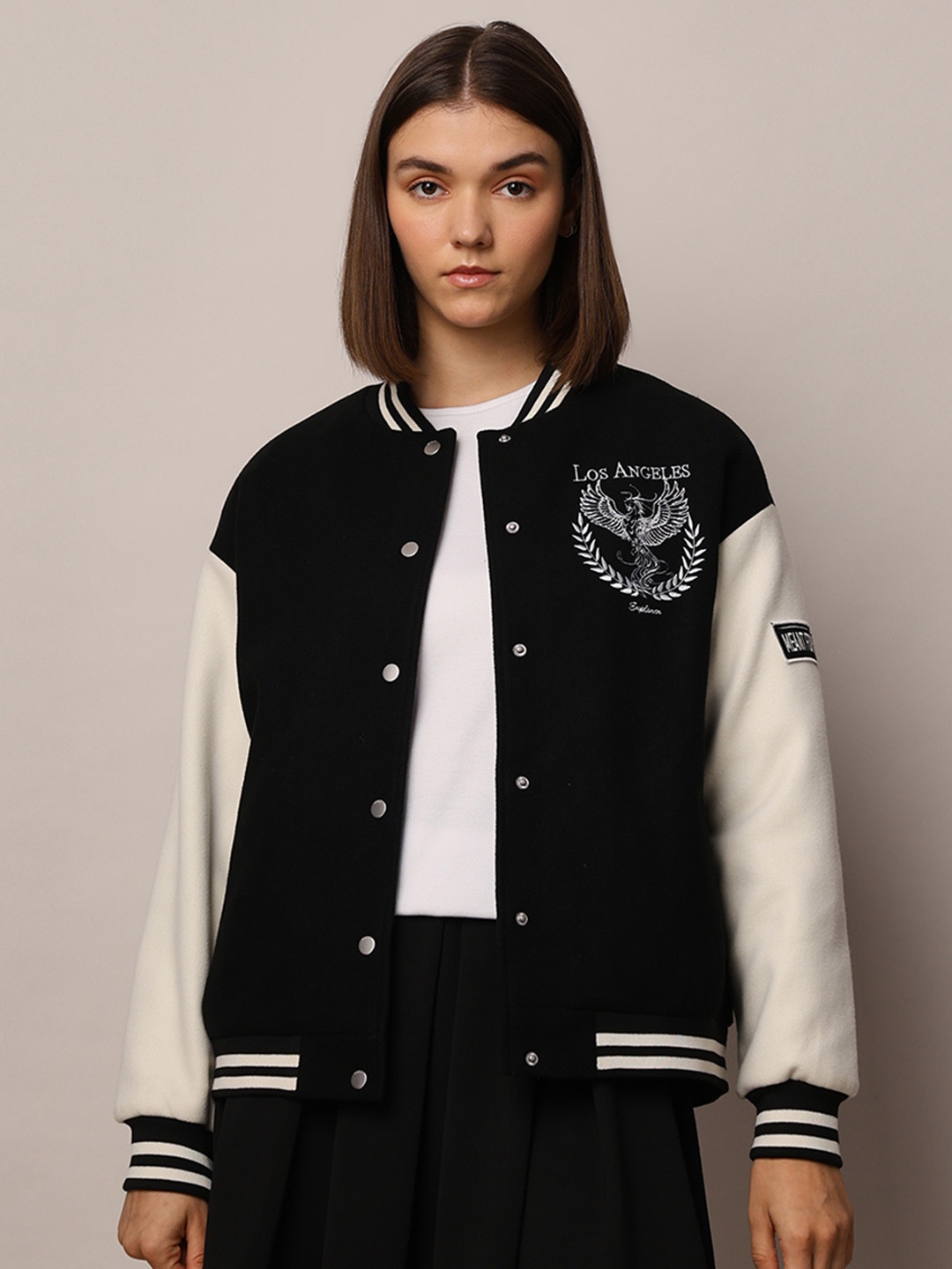 

ONLY Women Colourblocked Stand Collar Patchwork Varsity Jacket, Black