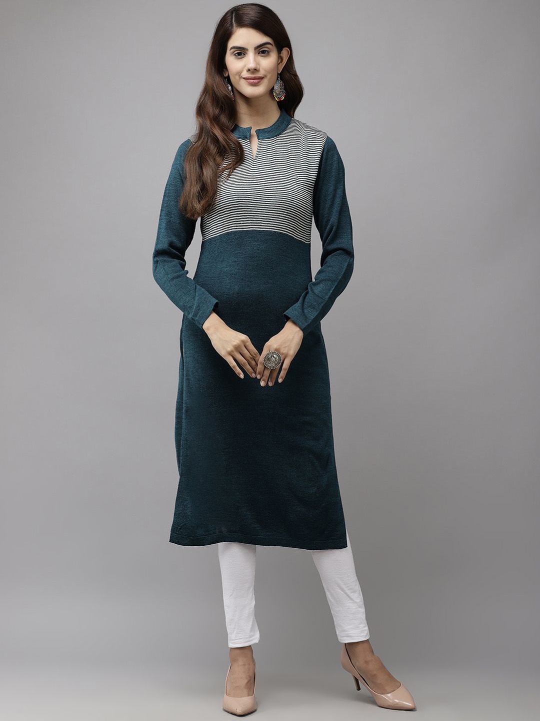 

Cayman Woven Design Long Sleeves Mandarin Collar Straight Woolen Kurta, Teal