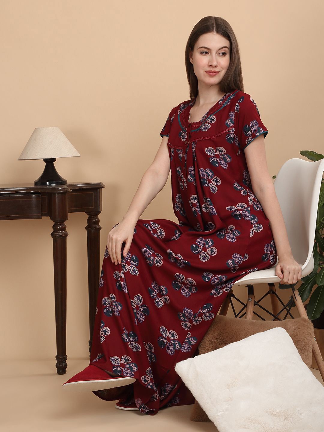 

Sweet Dreams Women Pure Cotton Printed Maxi Nightdress, Maroon