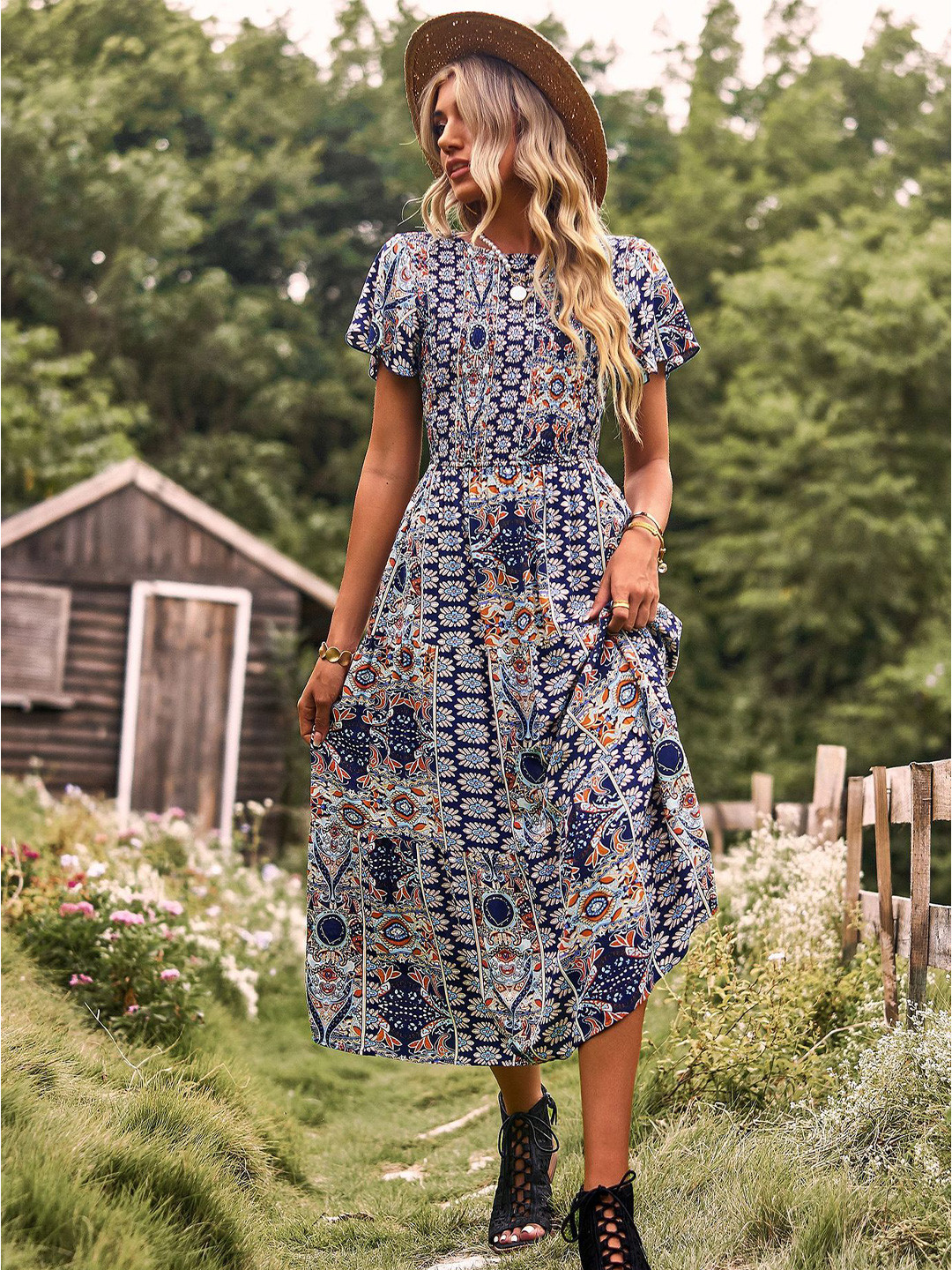 

StyleCast Women Floral Printed Flared Sleeve A-Line Midi Dress, Blue