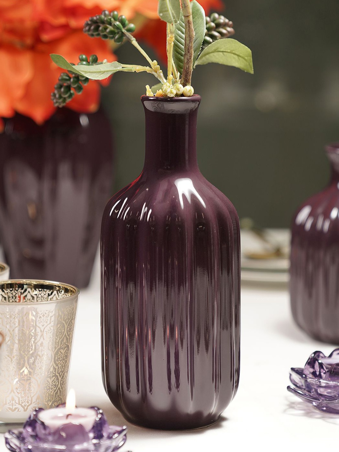 

Pure Home and Living Purple Ribbed Tall Ceramic Vase