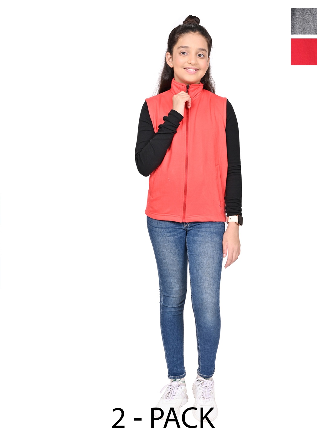 

BAESD Girls Pack Of 2 Mock Collar Solid Fleece Casual Open Front Jackets, Red