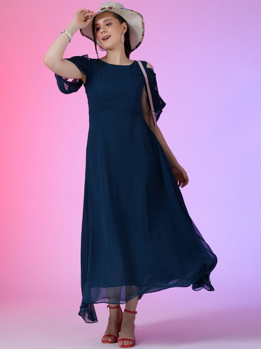 

Raiyani Enterprise Georgette Solid Maxi Dresses With Cold-Shoulder Sleeves, Navy blue