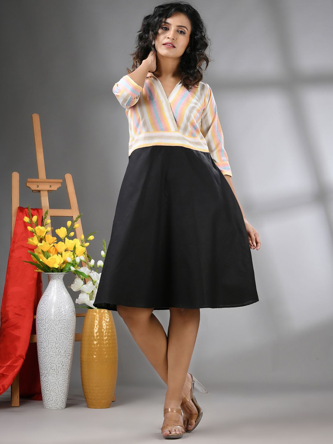 

Charukriti Striped Cotton Fit & Flare Dress, Black