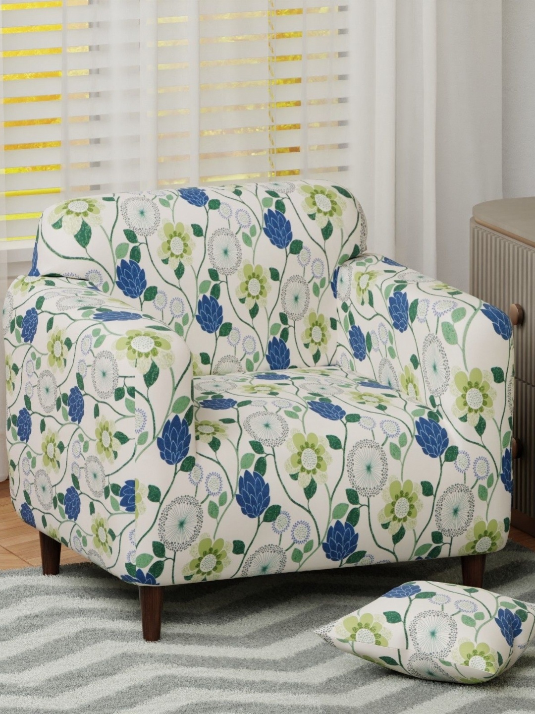 

Lukzer White & Green Printed Sofa Cover With Arms