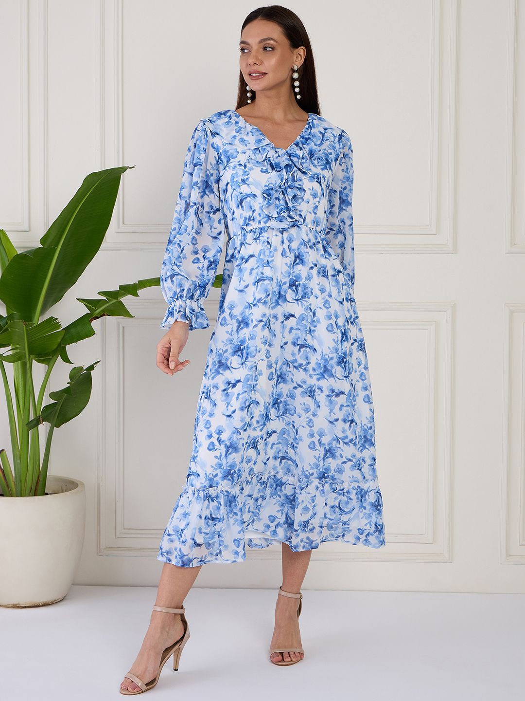 

MAGRE Puff Sleeve Georgette Fit and Flare Dress, Blue