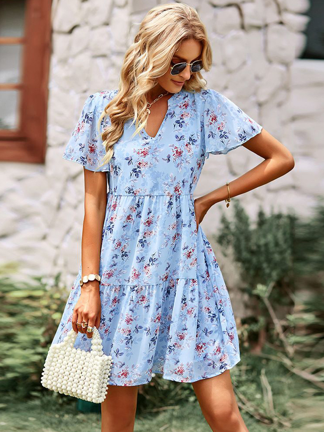 

StyleCast Women Floral Print Puff Sleeve A-Line Mini Dress, Blue