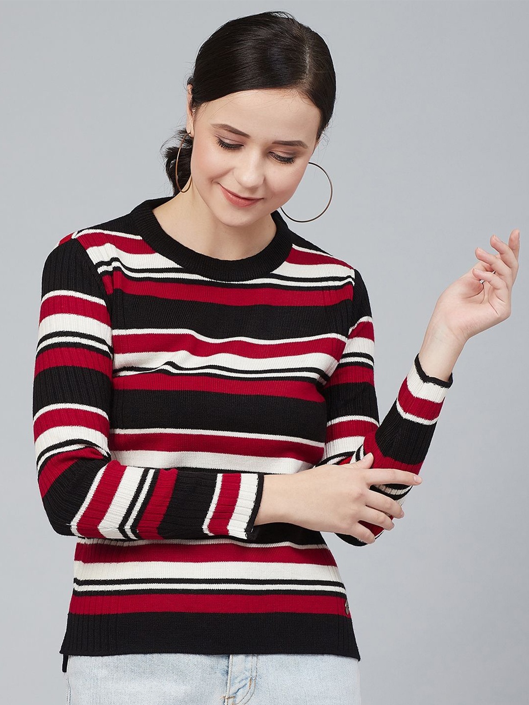 

Cayman Women Striped Round Neck Pullover Ribbed Sweater, Black